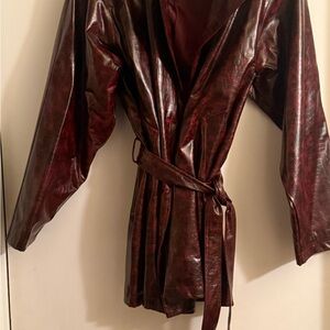 Women's Burgundy Pleather Rain Jacket - Trench style